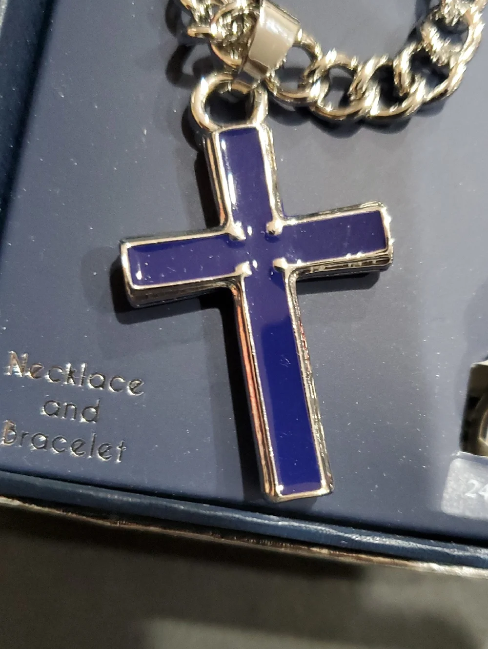 Guess men's silver chainlink navy Christian cross‎ pendant necklace bracelet set